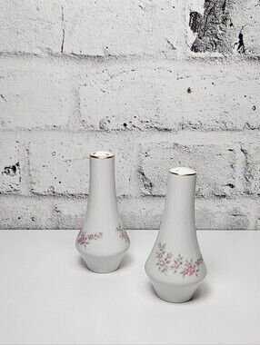 Vintage Japan Porcelain Salt and Pepper Shaker Set Pink Floral Gold Trim